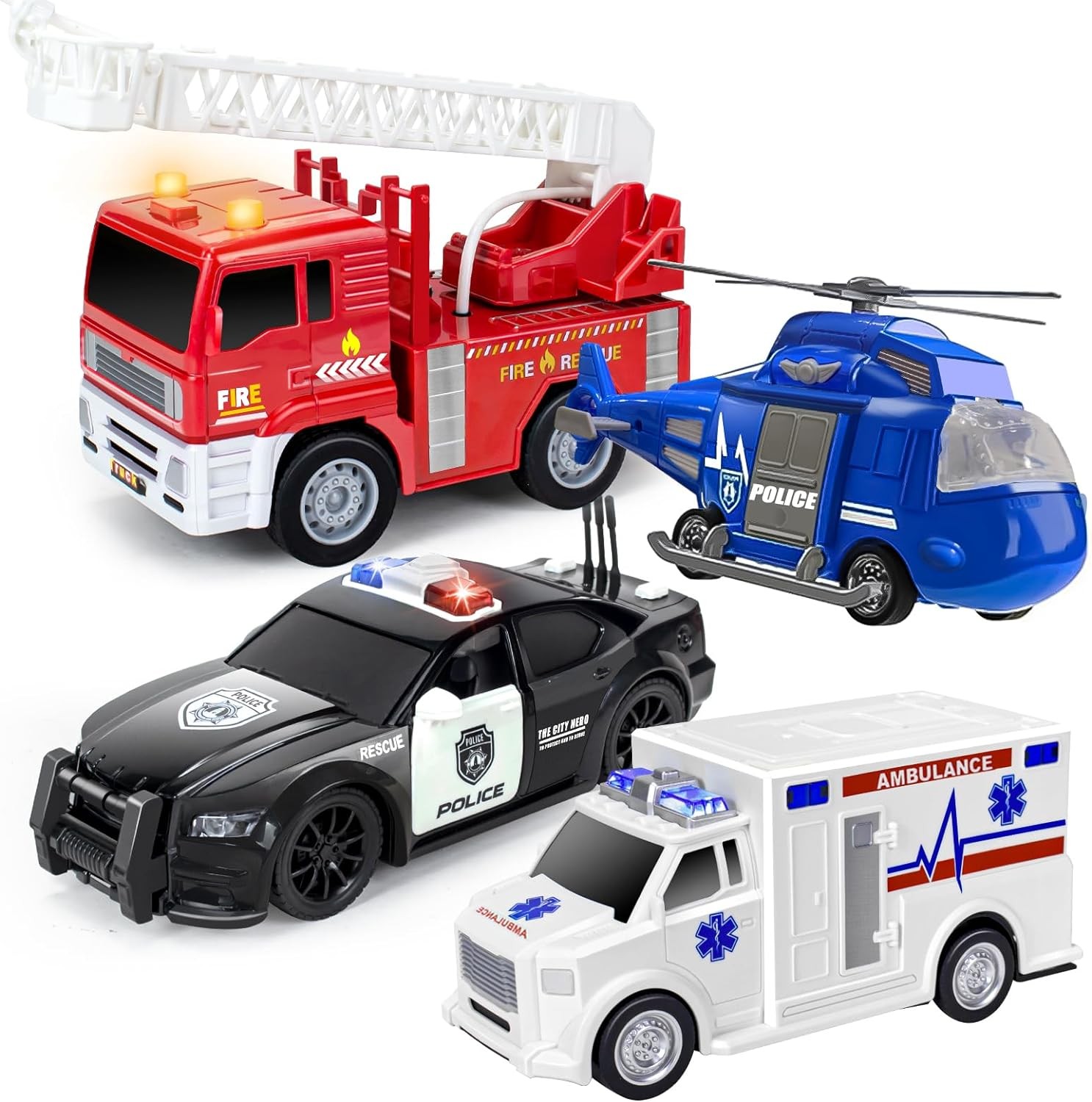 Tcvents 4 Pack Emergency Vehicles Toy Set, 1:20 Scale Big Fire Truck & Ambulance & Helicopter & Police Car Toy for 2 3 4 5 6 Year Boys Toddlers Gift, Friction Powered Vehicles with Lights & Sounds