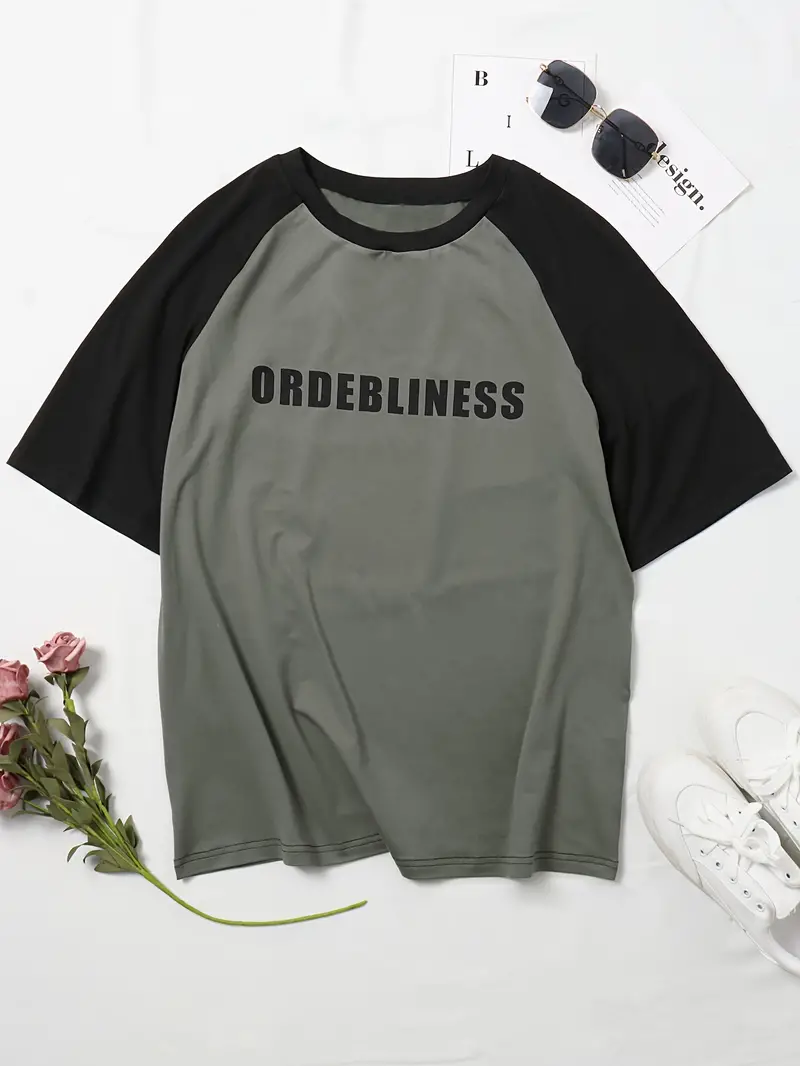 Y2K Raglan Sleeve T-Shirt, Short Sleeve Casual Top For Fall & Spring, Women's Clothing